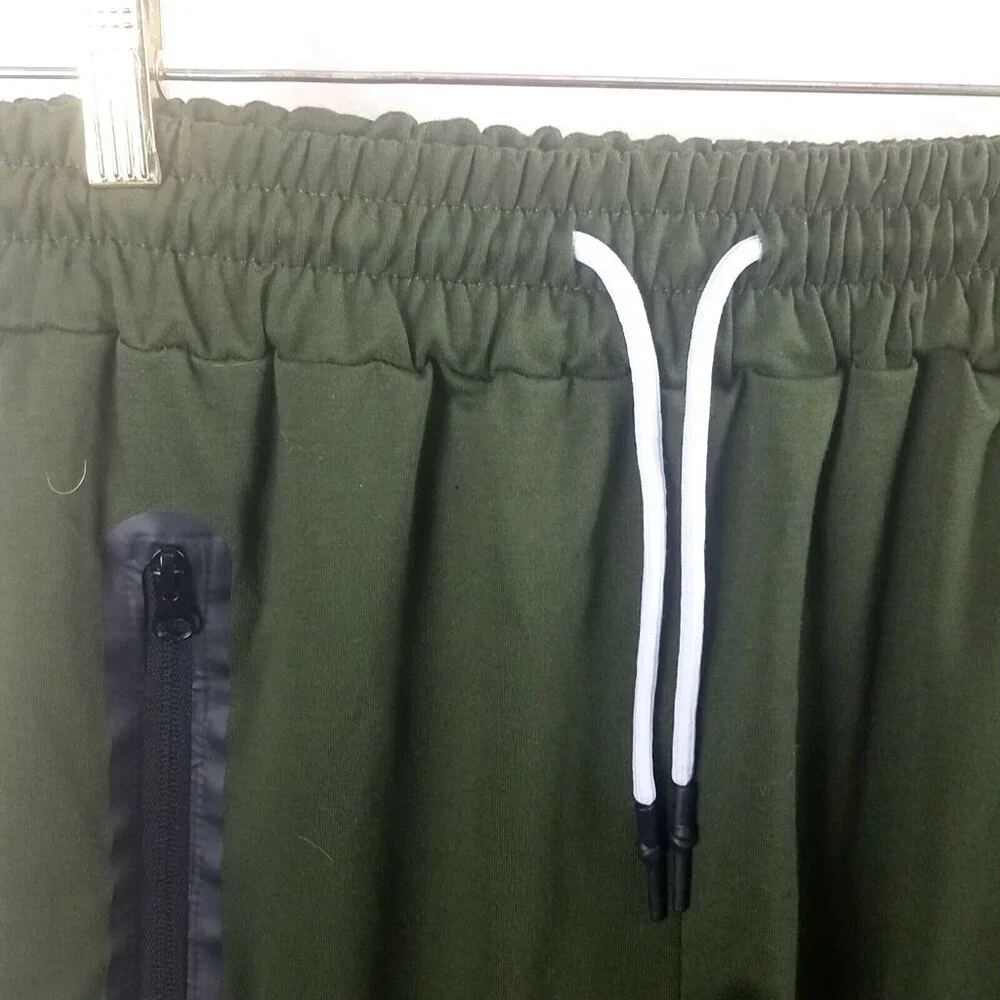 Men cargo pockets joggers elastic pants‎ slim fit L Forest Green drawstring